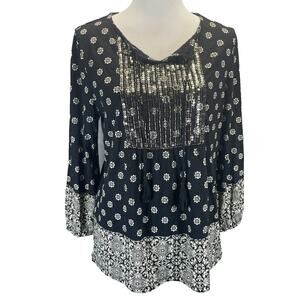 Chico’s Frosted Boho Tassel Blouse Tunic Black Embellished Women Sz 1/M/8